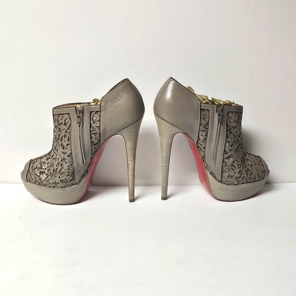 Christian Louboutin Brown Laser-Cut Leather Pampas 150 Peep Toe Ankle Boots Size - Picture 5 of 9